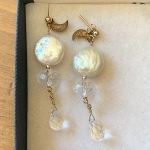 Drop Down Pearl Quartz and Gold Earrings